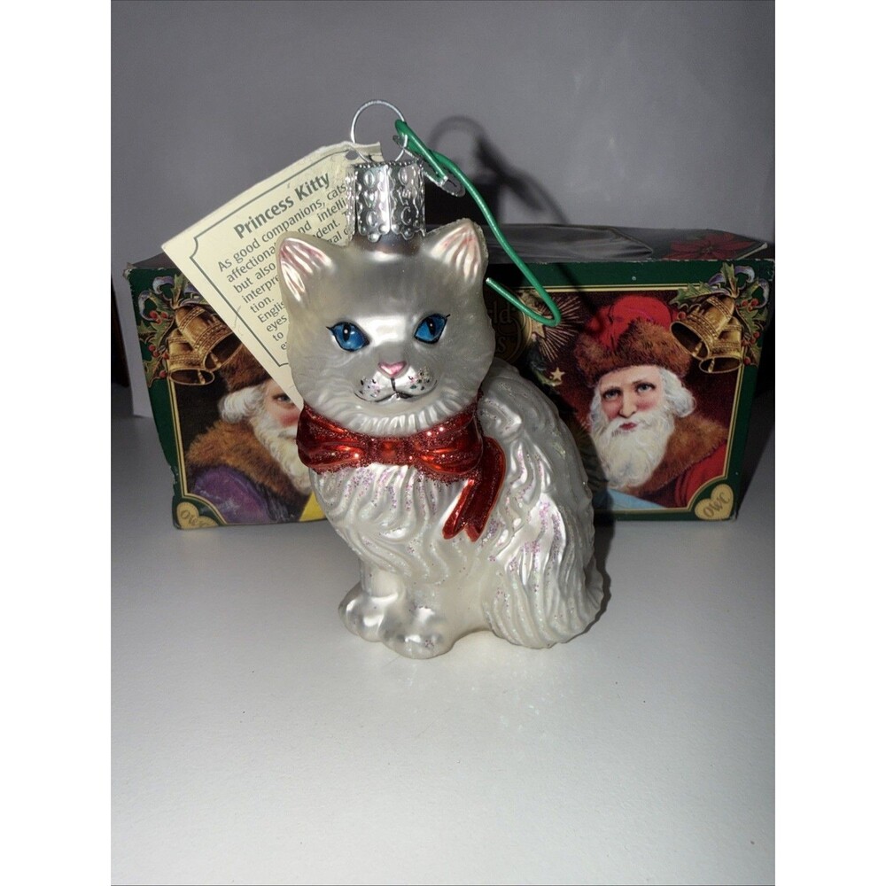 Old World Christmas Kitty Cat Neck Bow Glass Ornament Blue Eyes Champagne 3.5" T